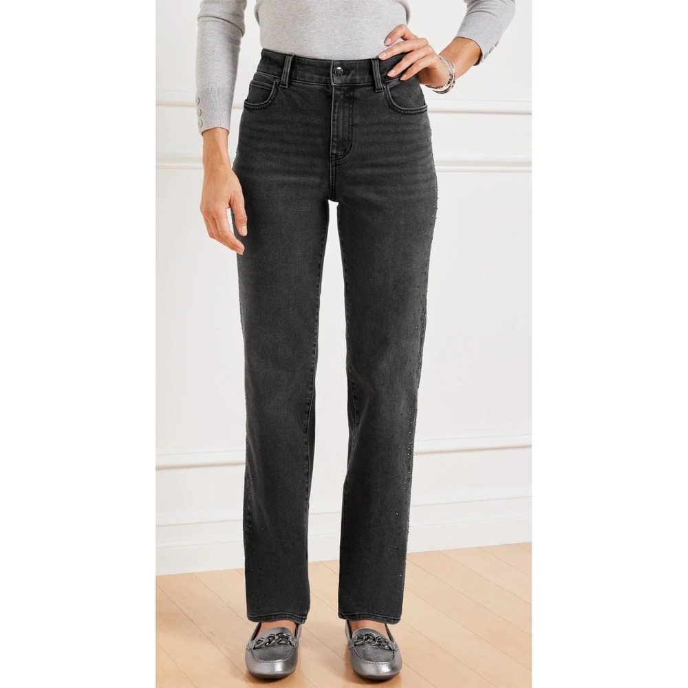 Talbots Embellished High Waist Relaxed Jeans Black Rhinestone Crystal Size 14 - Picture 3 of 16